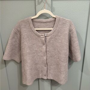 Short-Sleeve Ribbed Button-Front Sweater Cardigan - Light grey